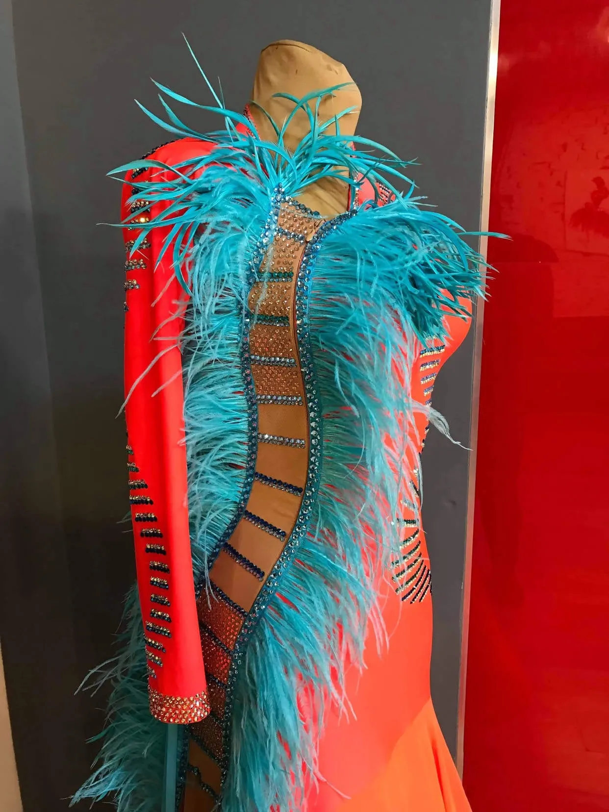 Orange Ballroom Dress with Blue Feathers