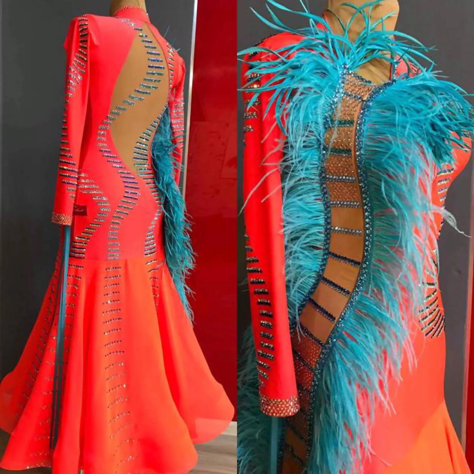 Orange Ballroom Dress with Blue Feathers