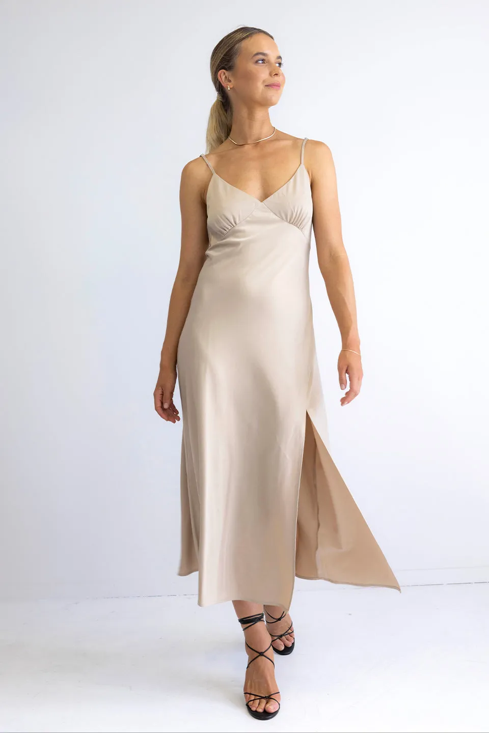 Otherworldly Latte Satin Bias Slip Dress