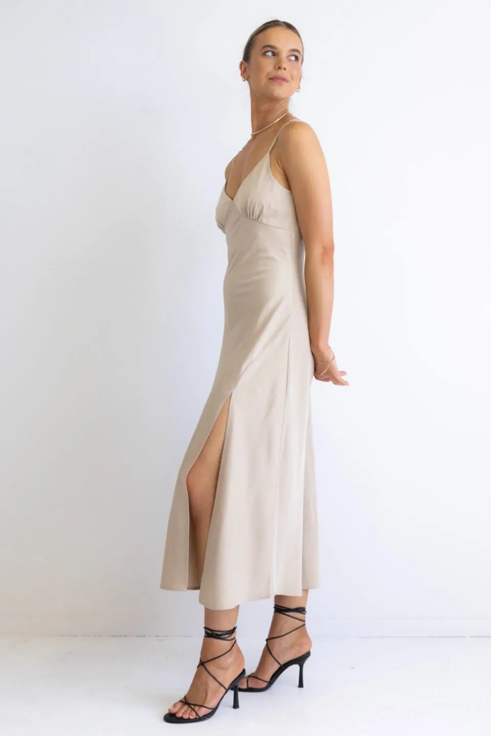 Otherworldly Latte Satin Bias Slip Dress