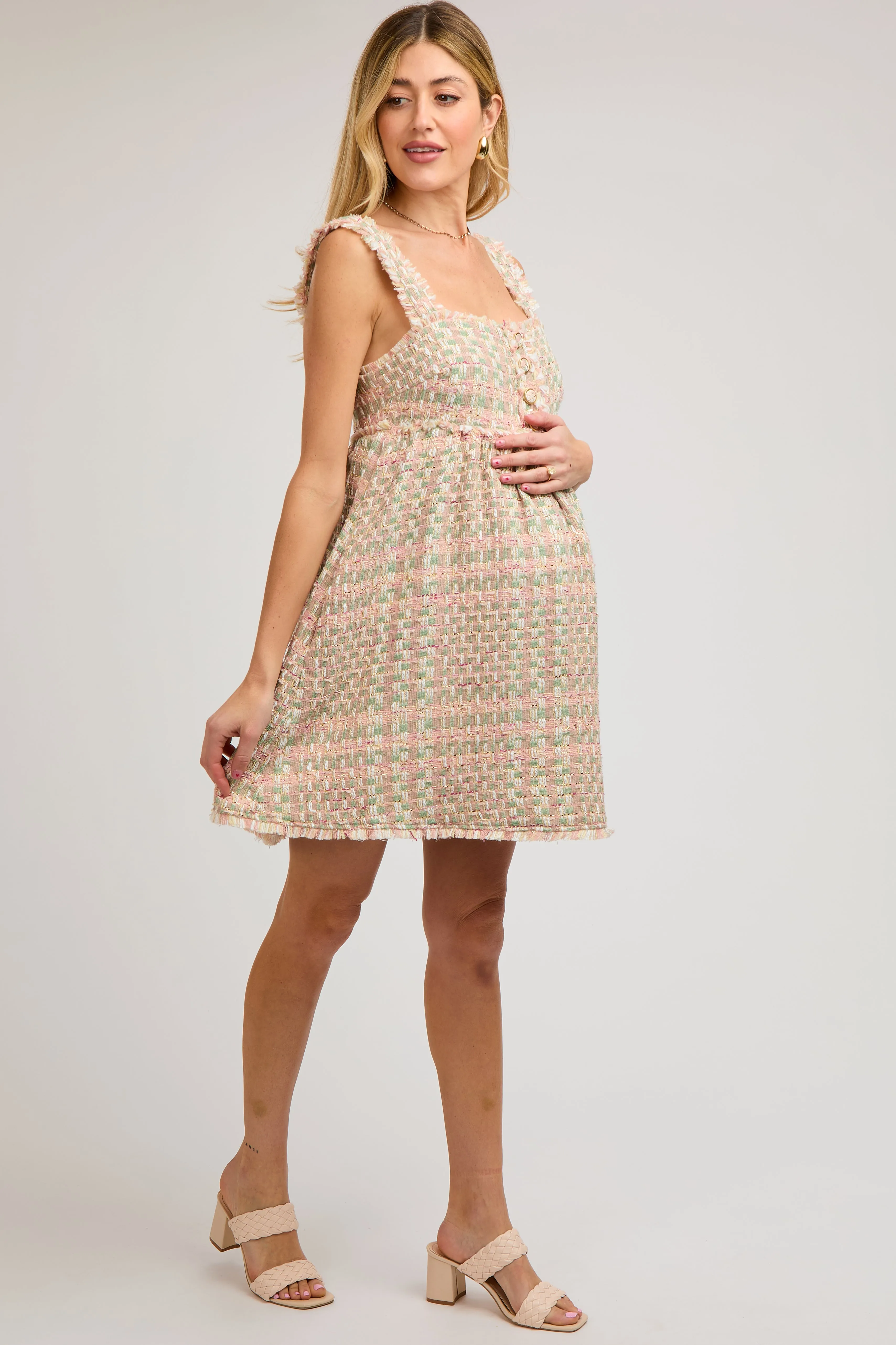 Pink Multi-Color Knit Gingham Sleeveless Maternity Dress