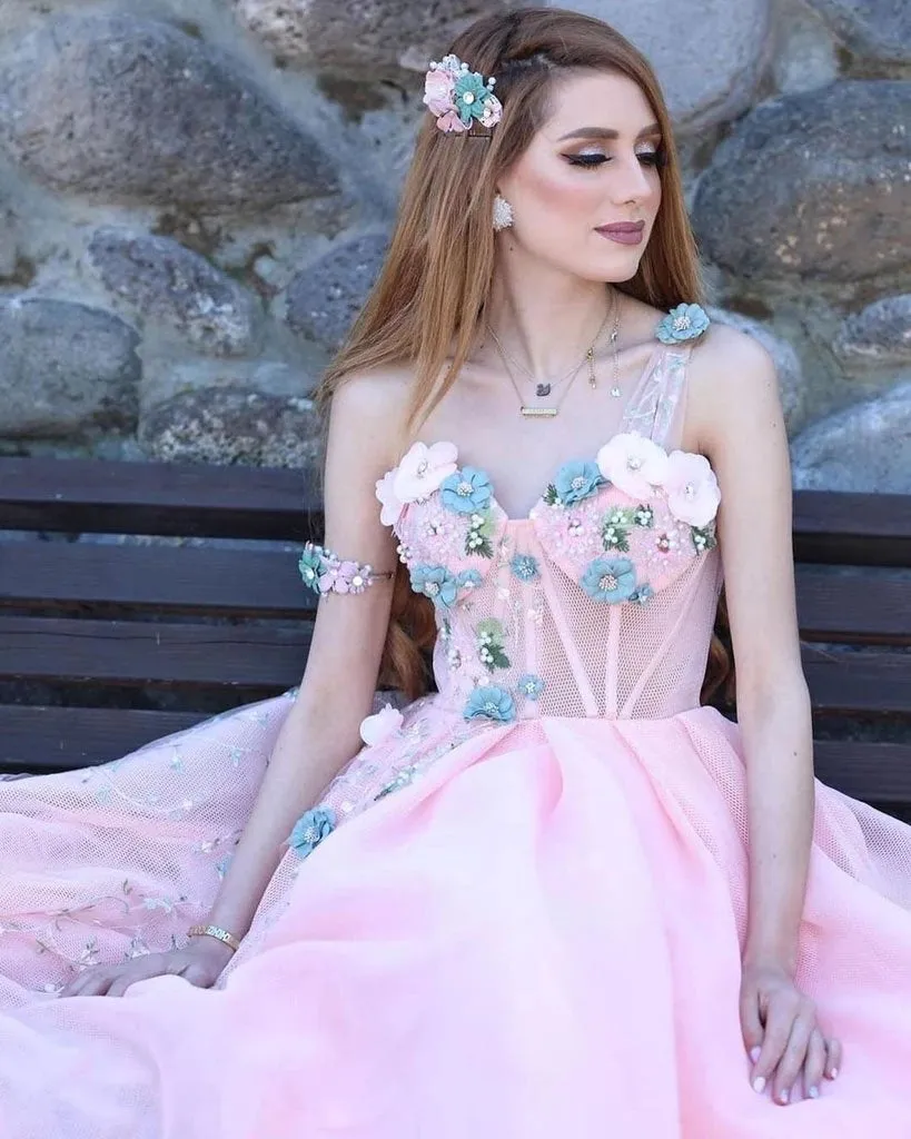 Princess Ball Gown Sweetheart Pink One Shoulder Prom Dresses, Quinceanera Dresses STK15296