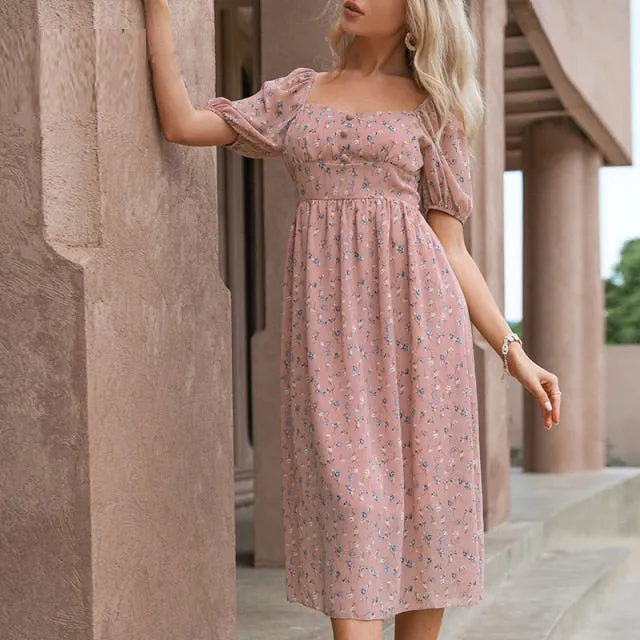 Puff Sleeve Square Neck Flower Print Women Dress Summer 2021 Casual High Waist A-line Long Dress Elegant Female Vestidos