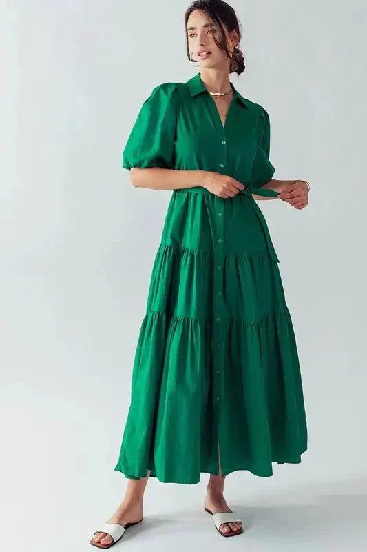 Puff Sleeve Tiered Dress in Green