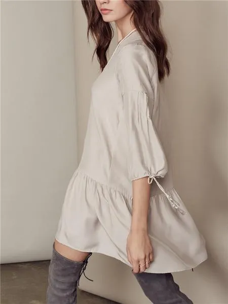 Pure Color 3/4 Sleeve Deep V Dress