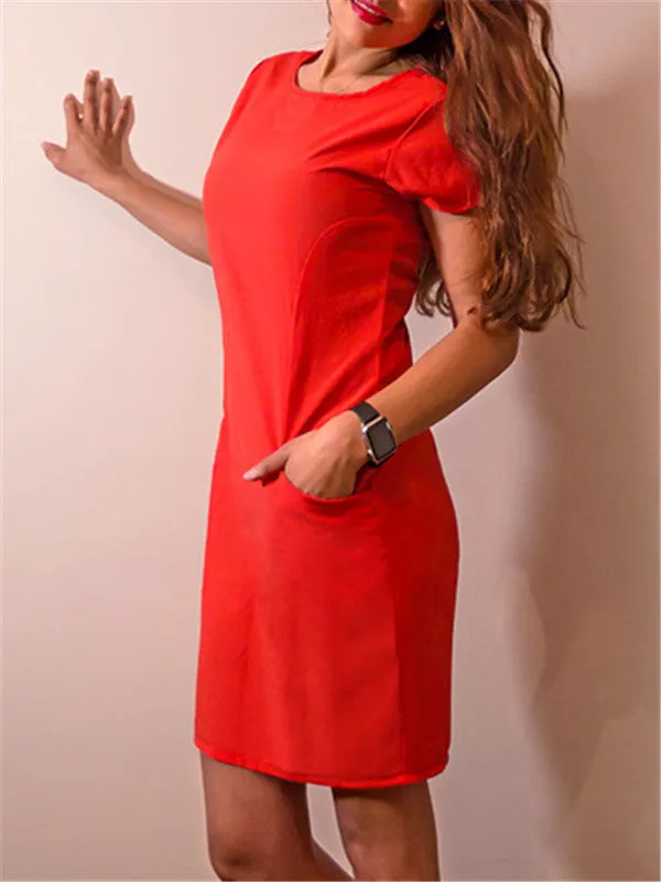 Pure Color Round Neck Dress With Pockets