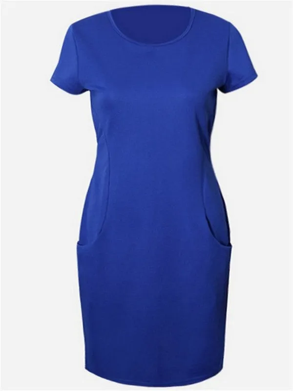 Pure Color Round Neck Dress With Pockets