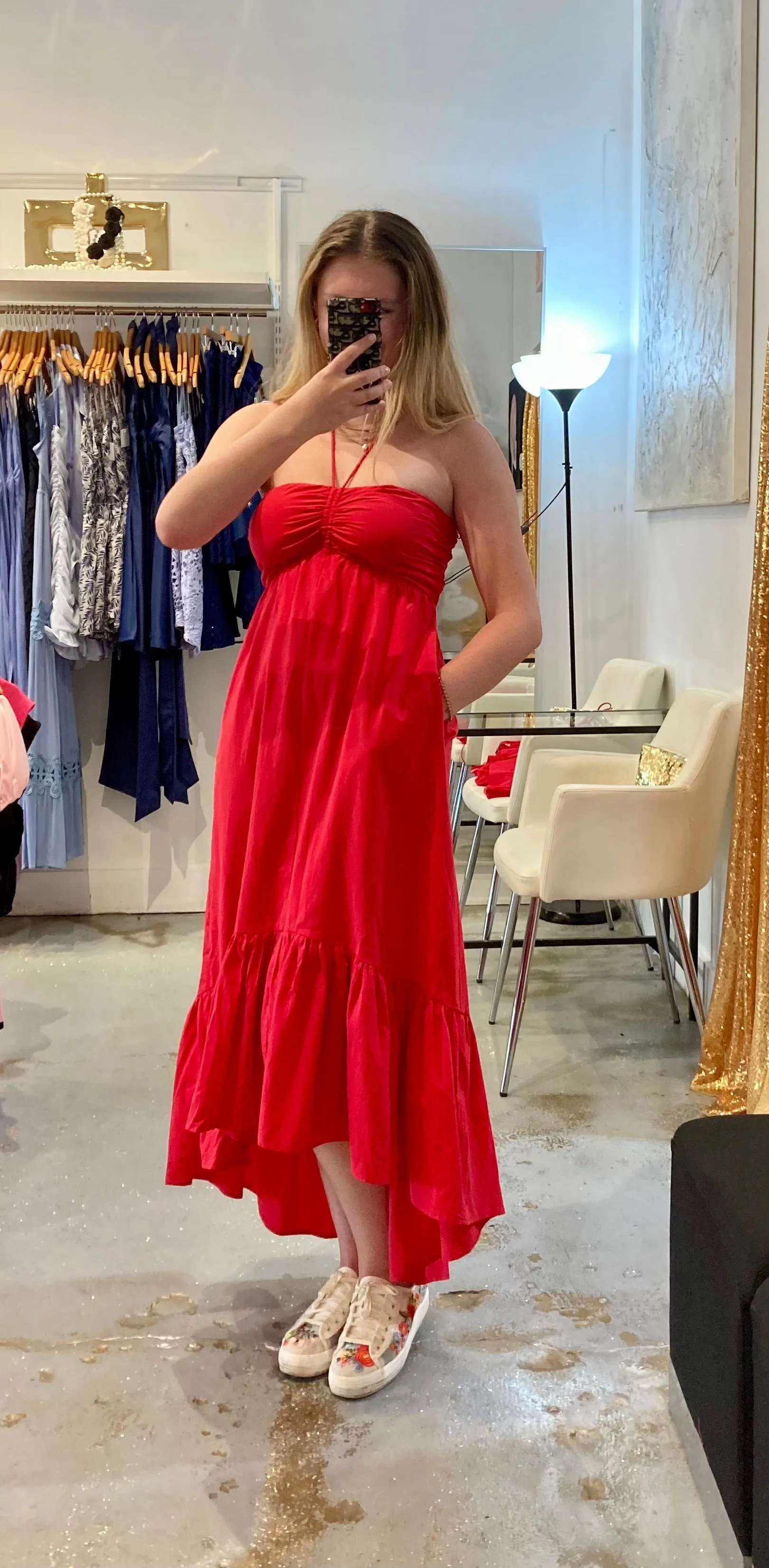 Red halter open back midi dress with pockets