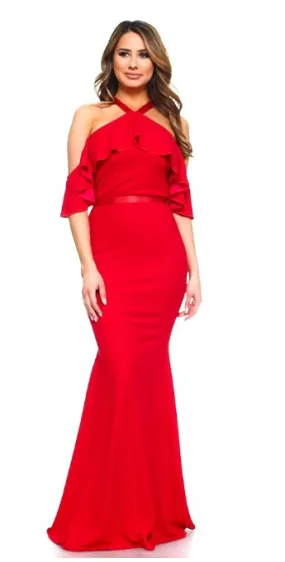 Red Halter Ruffled Maxi Dress