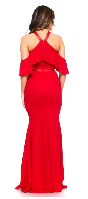 Red Halter Ruffled Maxi Dress