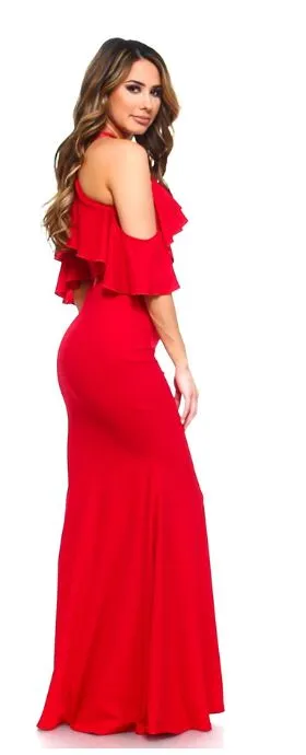 Red Halter Ruffled Maxi Dress