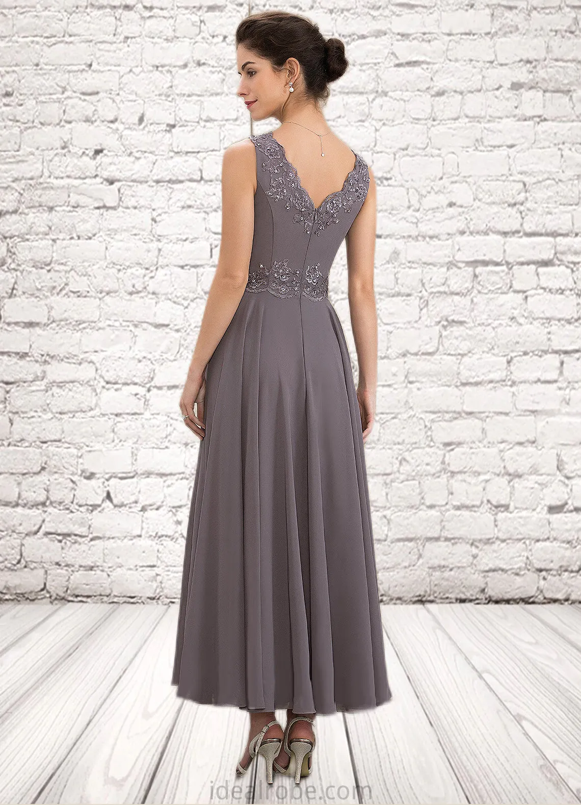 Regina A-line V-Neck Ankle-Length Chiffon Mother of the Bride Dress With Beading Appliques Lace Sequins STK126P0014558