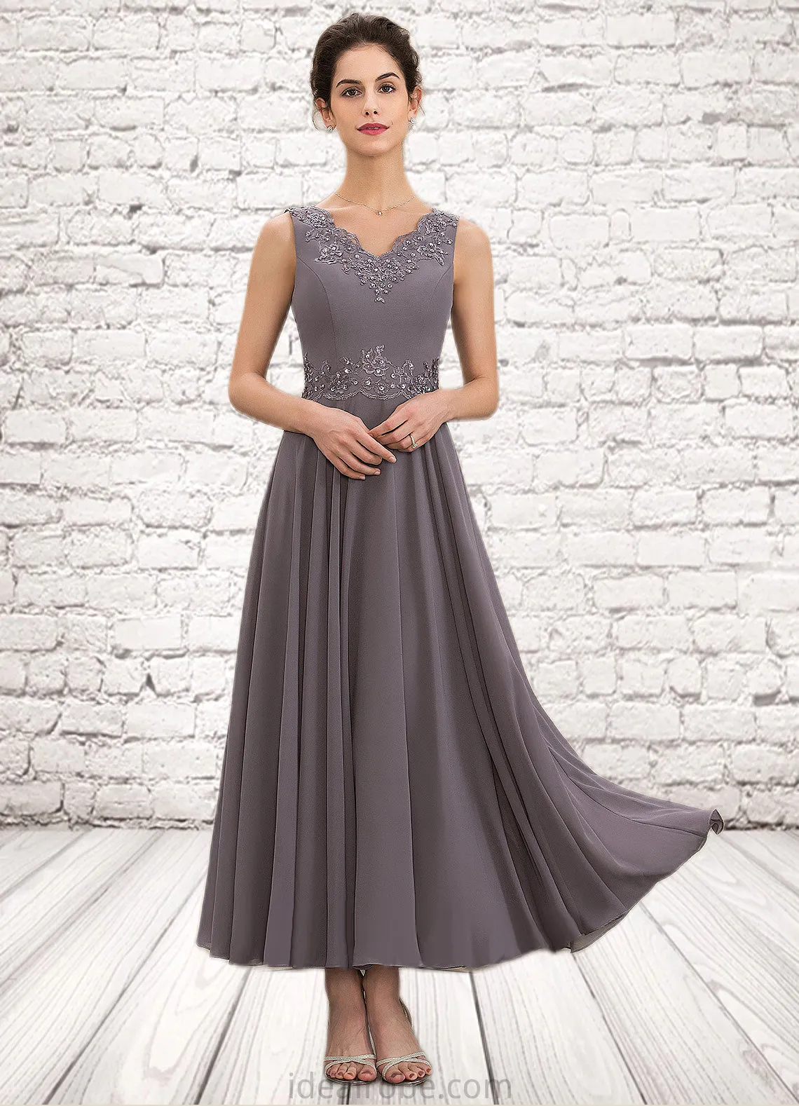 Regina A-line V-Neck Ankle-Length Chiffon Mother of the Bride Dress With Beading Appliques Lace Sequins STK126P0014558