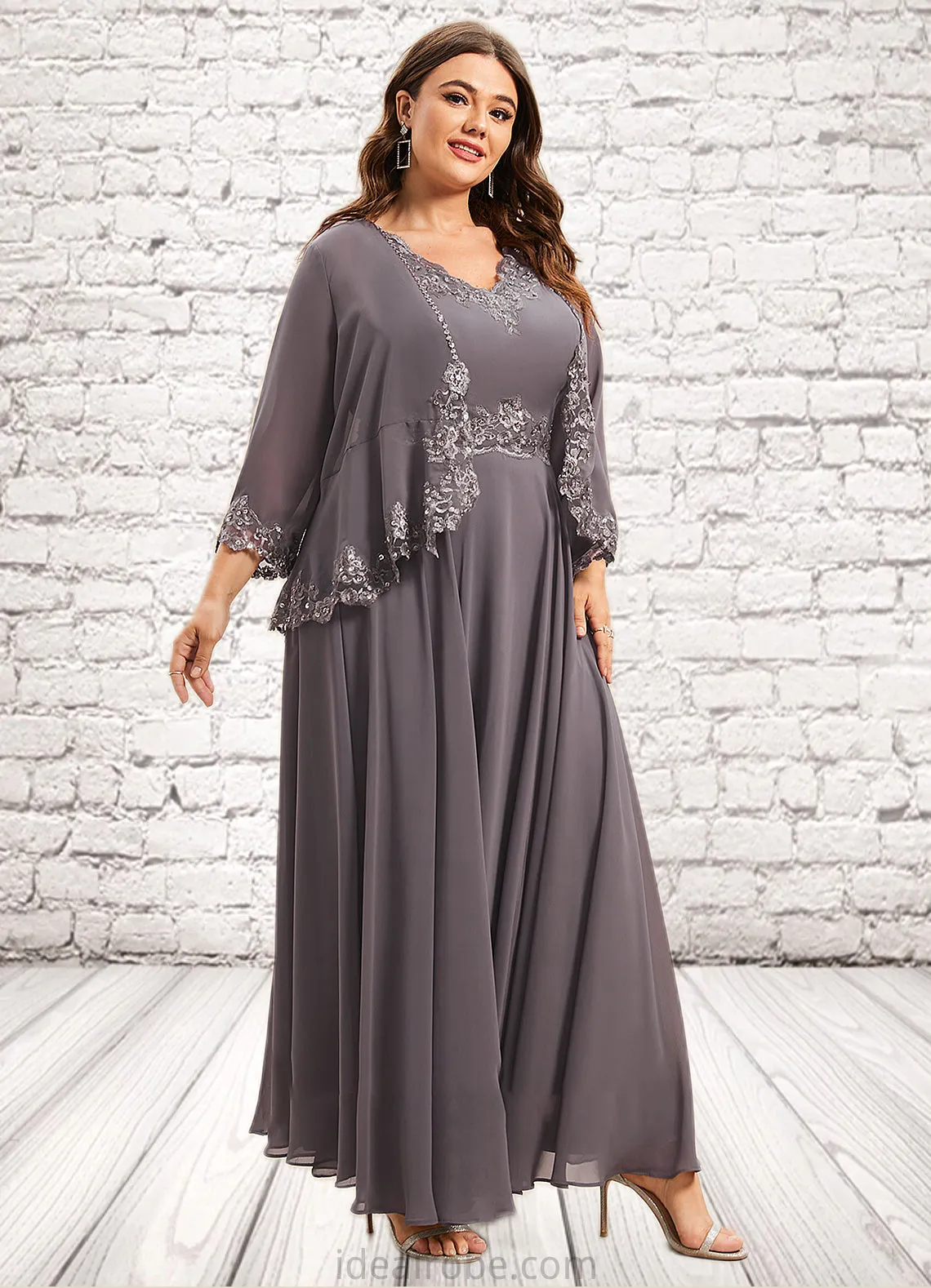 Regina A-line V-Neck Ankle-Length Chiffon Mother of the Bride Dress With Beading Appliques Lace Sequins STK126P0014558