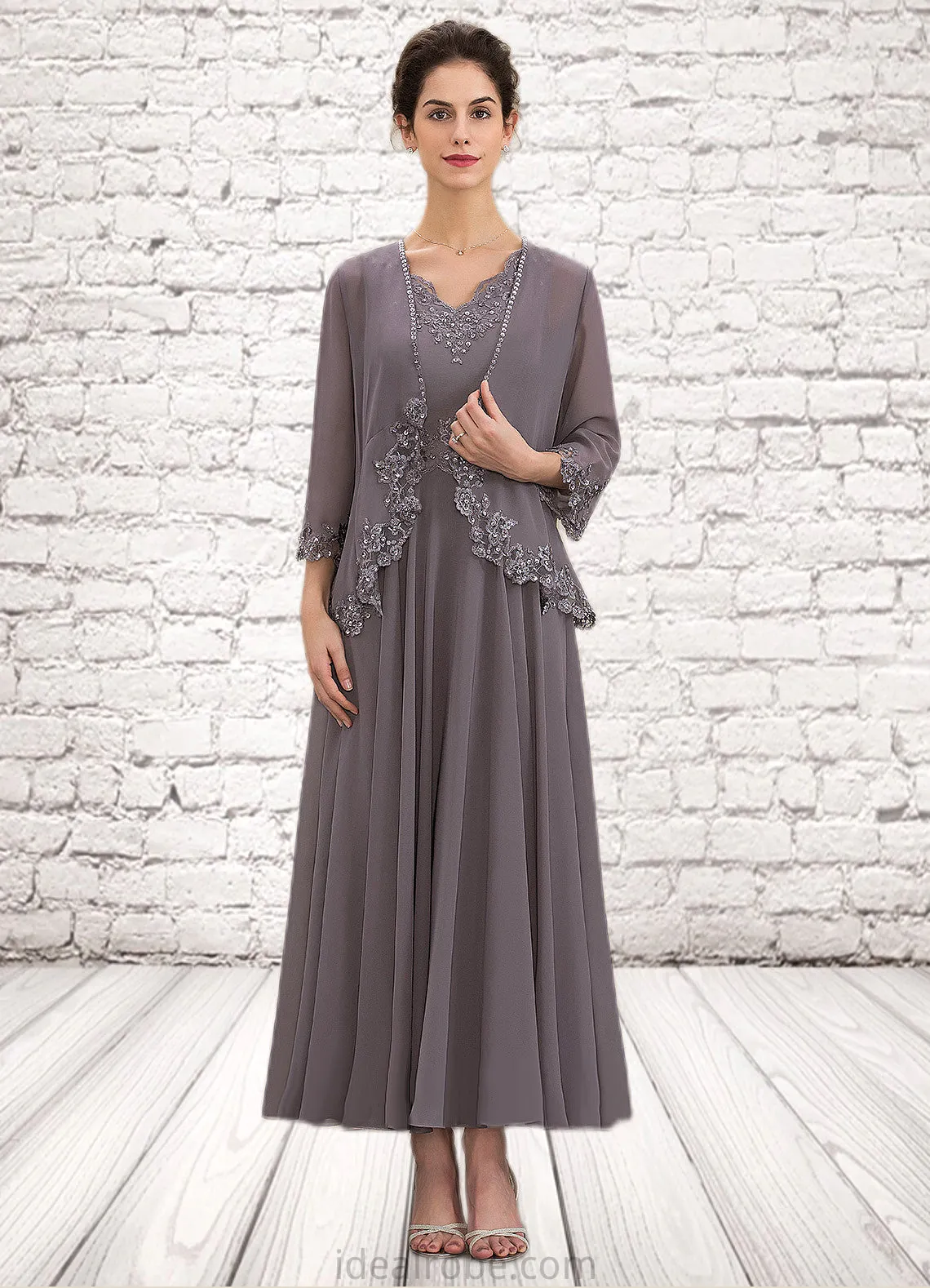 Regina A-line V-Neck Ankle-Length Chiffon Mother of the Bride Dress With Beading Appliques Lace Sequins STK126P0014558