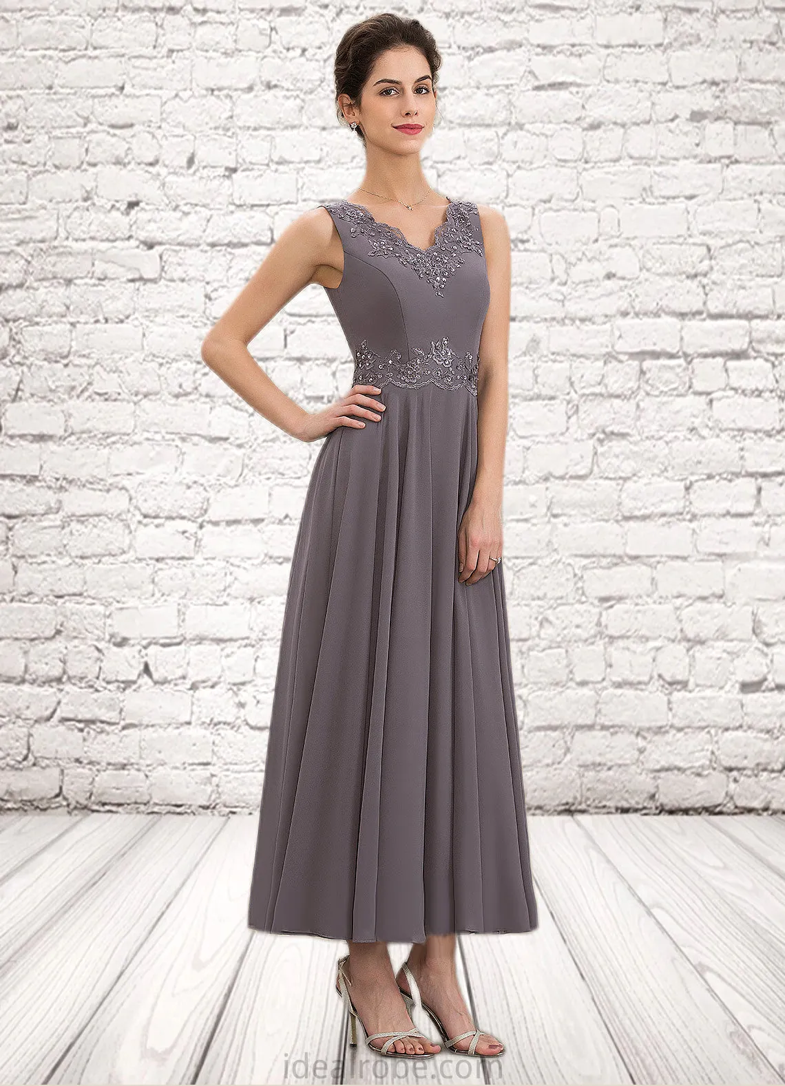 Regina A-line V-Neck Ankle-Length Chiffon Mother of the Bride Dress With Beading Appliques Lace Sequins STK126P0014558