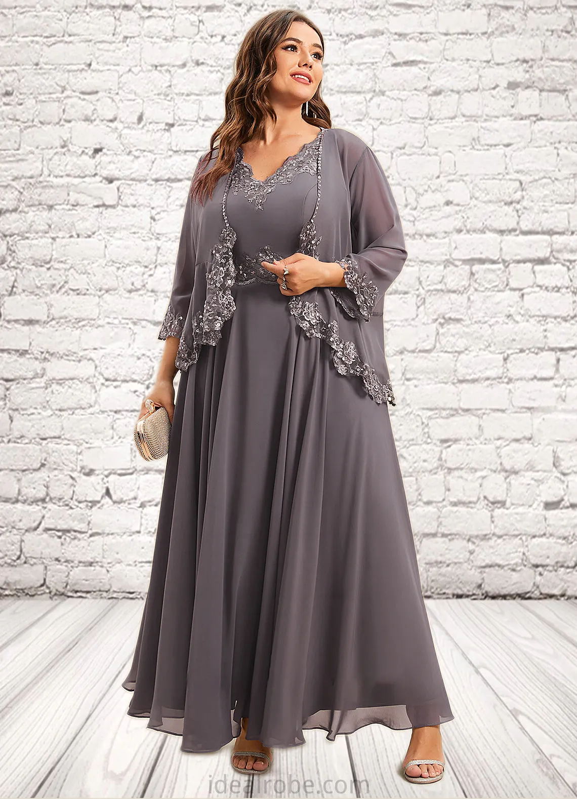 Regina A-line V-Neck Ankle-Length Chiffon Mother of the Bride Dress With Beading Appliques Lace Sequins STK126P0014558