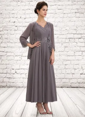 Regina A-line V-Neck Ankle-Length Chiffon Mother of the Bride Dress With Beading Appliques Lace Sequins STK126P0014558