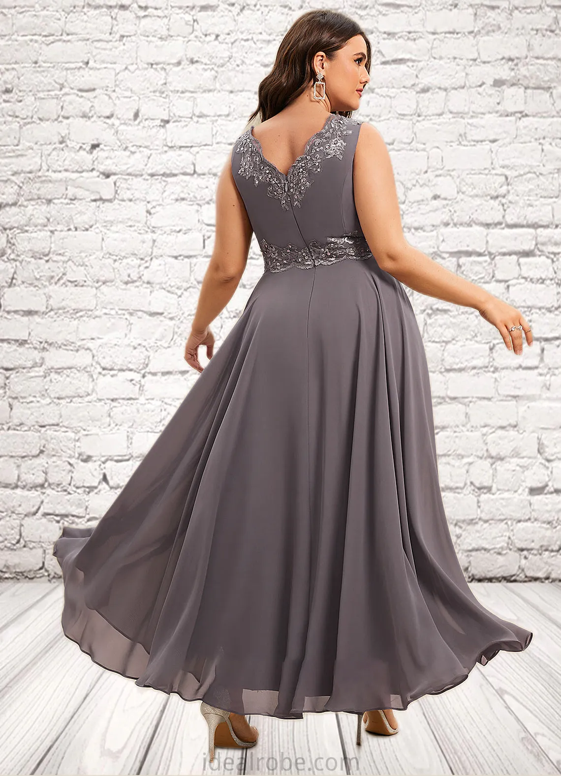 Regina A-line V-Neck Ankle-Length Chiffon Mother of the Bride Dress With Beading Appliques Lace Sequins STK126P0014558