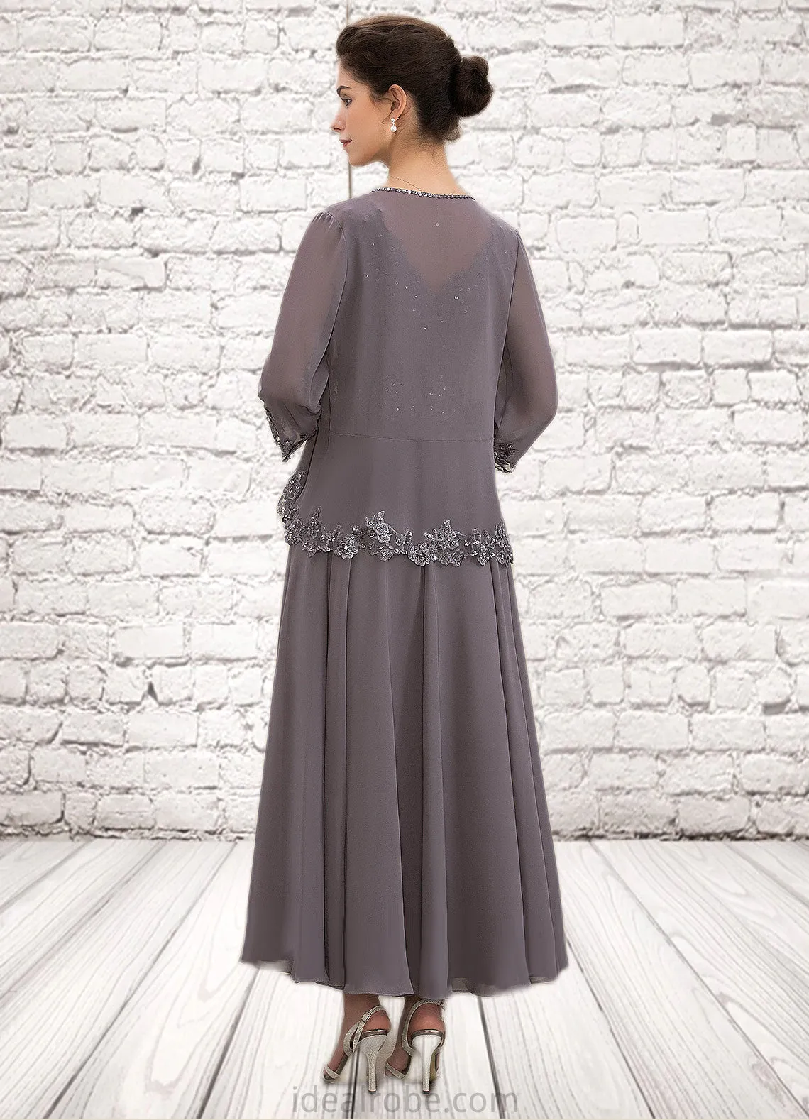 Regina A-line V-Neck Ankle-Length Chiffon Mother of the Bride Dress With Beading Appliques Lace Sequins STK126P0014558