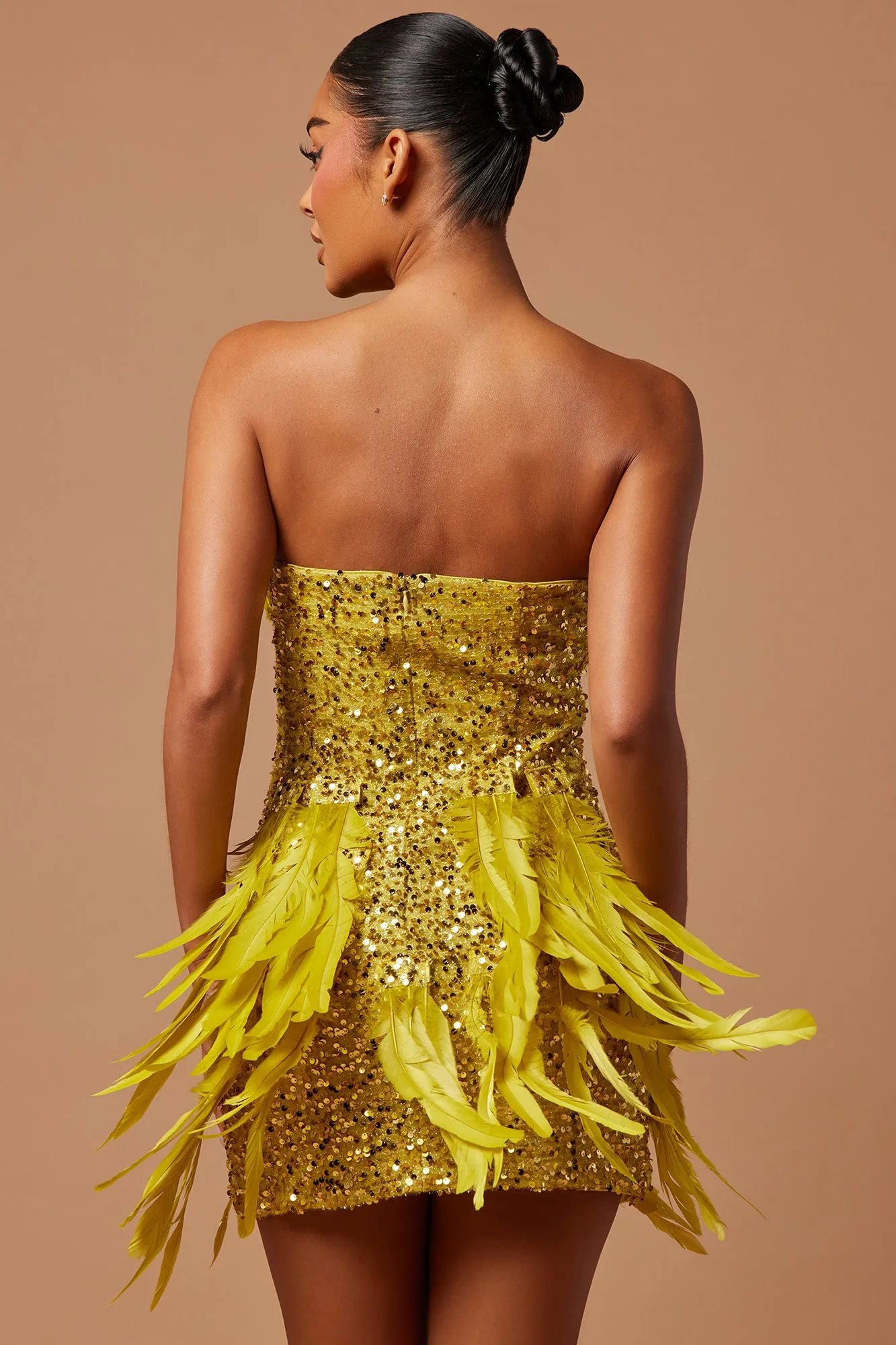 Renee Sequin Feather Mini Dress - Chartreuse