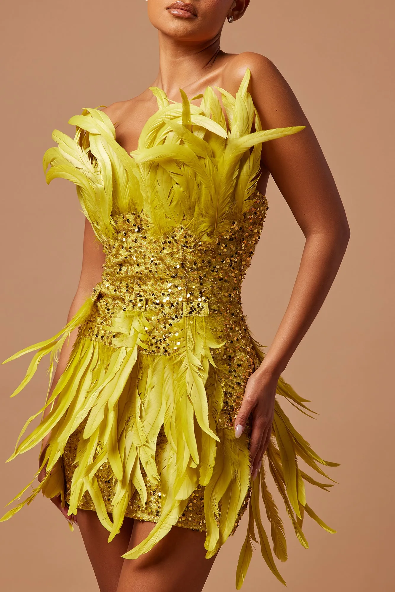 Renee Sequin Feather Mini Dress - Chartreuse