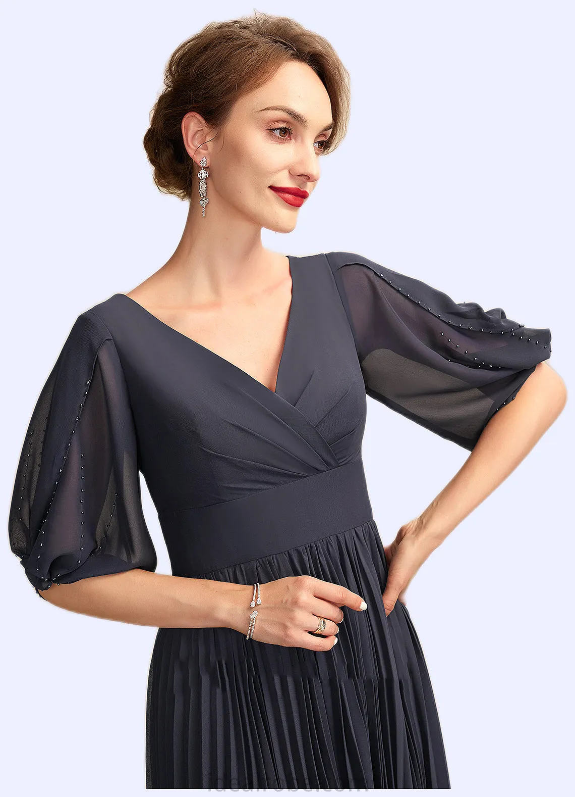 Selah A-Line V-neck Tea-Length Chiffon Mother of the Bride Dress With Pleated STK126P0015012