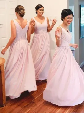 Simple A-Line V-Neck Floor Length Pink Bridesmaid Dress