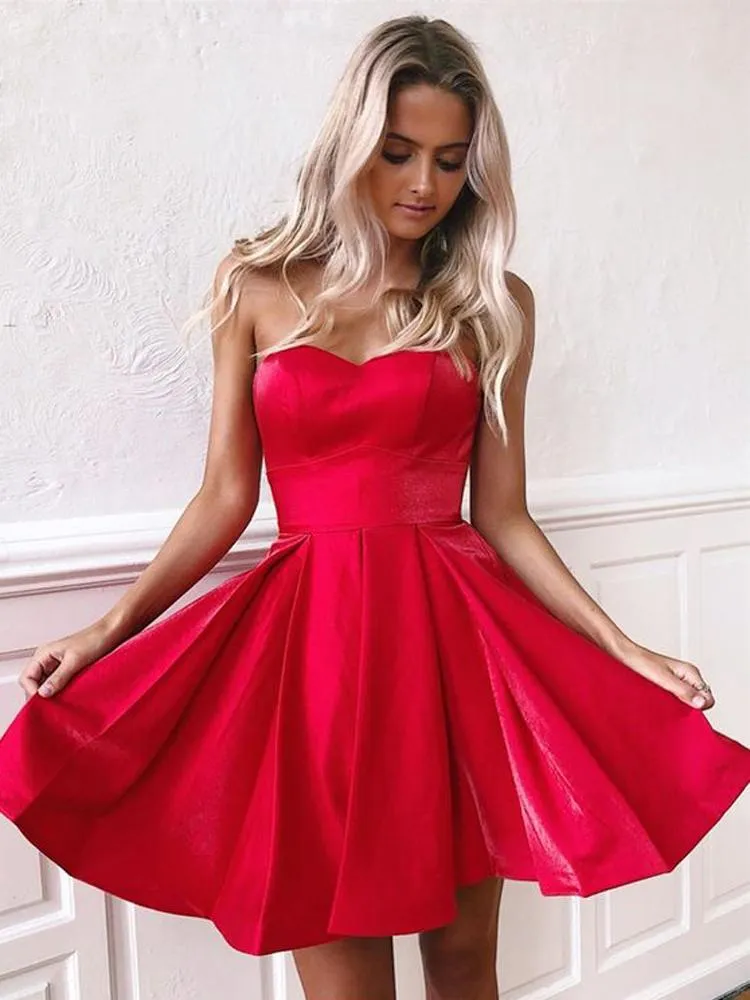 Simple Red Satin Sweetheart Strapless Homecoming Dresses Above Knee Short Prom Dresses STK14982