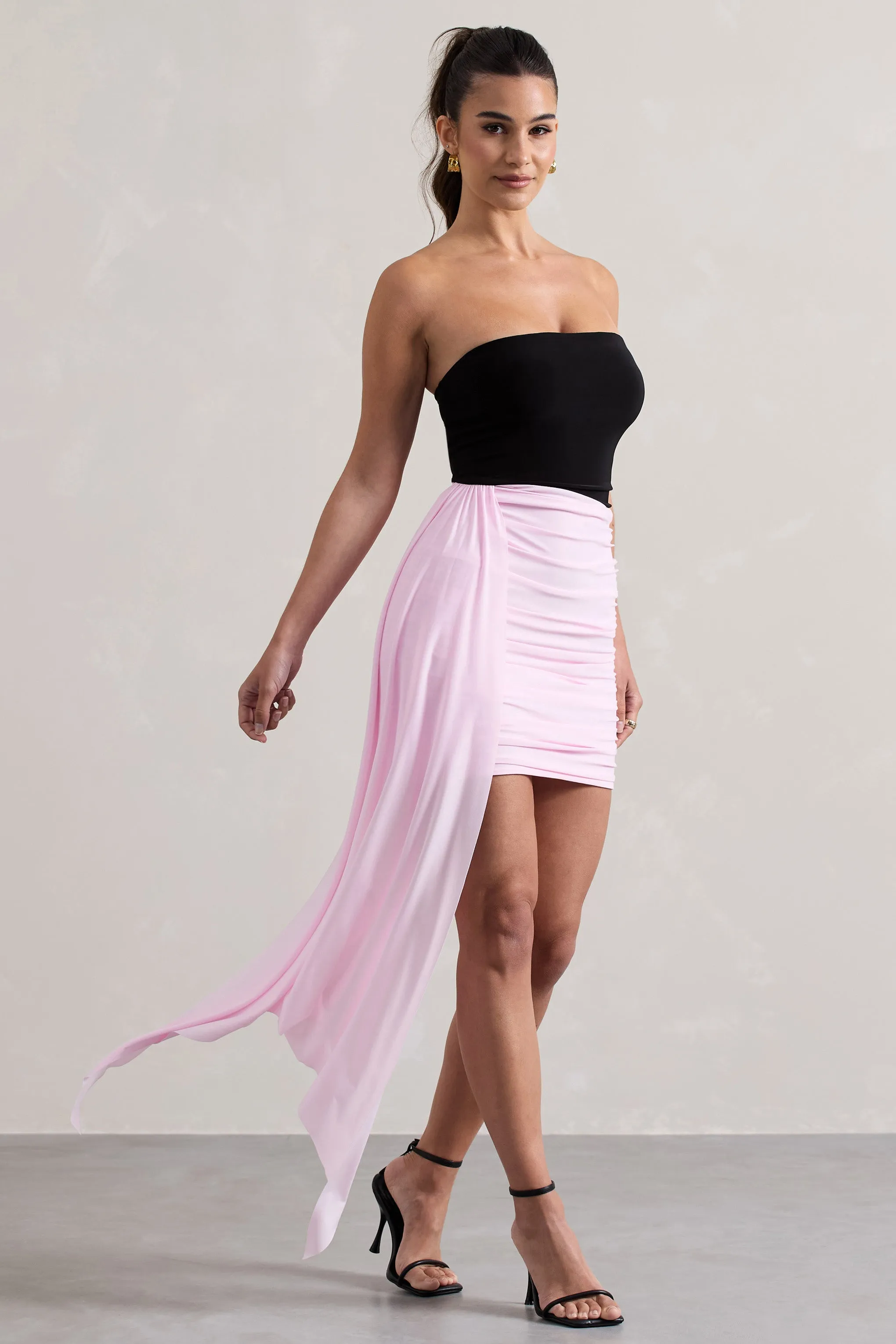 Sweetie | Black & Pink Ruched Mini Dress With Drape