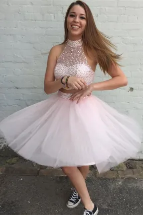 Two Pieces Pretty Sexy Charming Beading Halter Tulle Blush Pink Homecoming Dresses