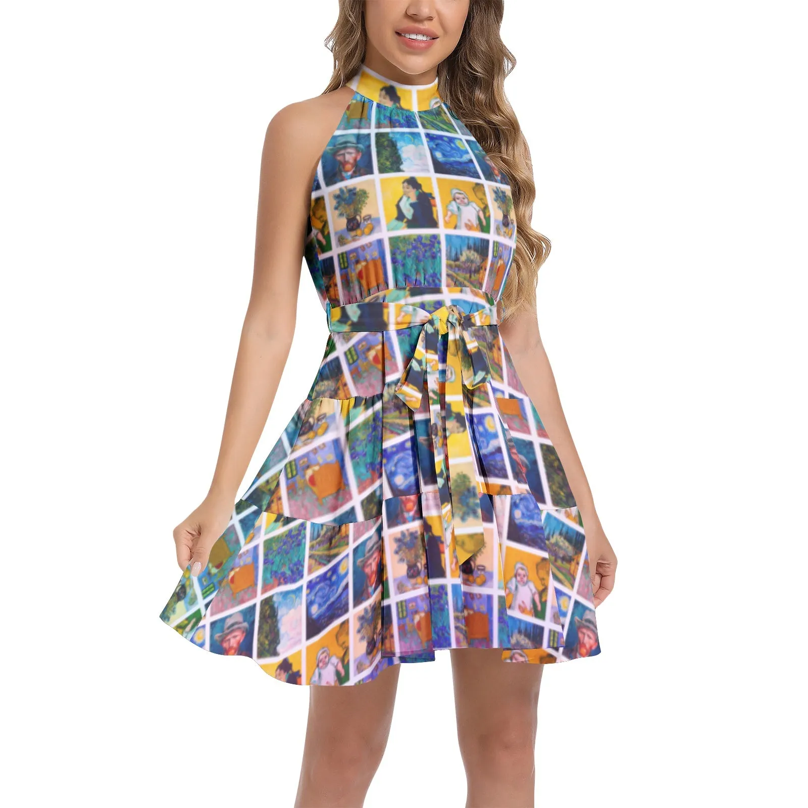 Van Gogh Collage Ruffle Hem Belted Halter Dress