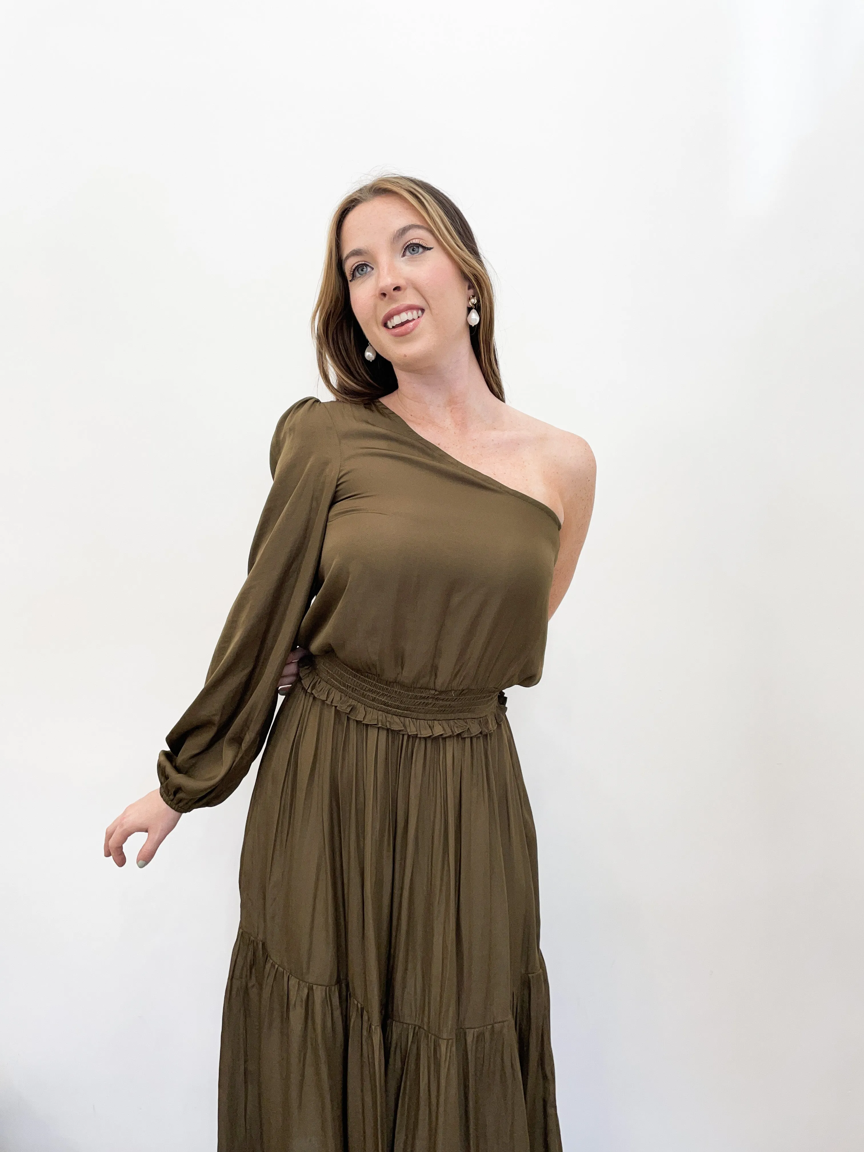 Vanna One Shoulder Dress in Tapenade - FINAL SALE