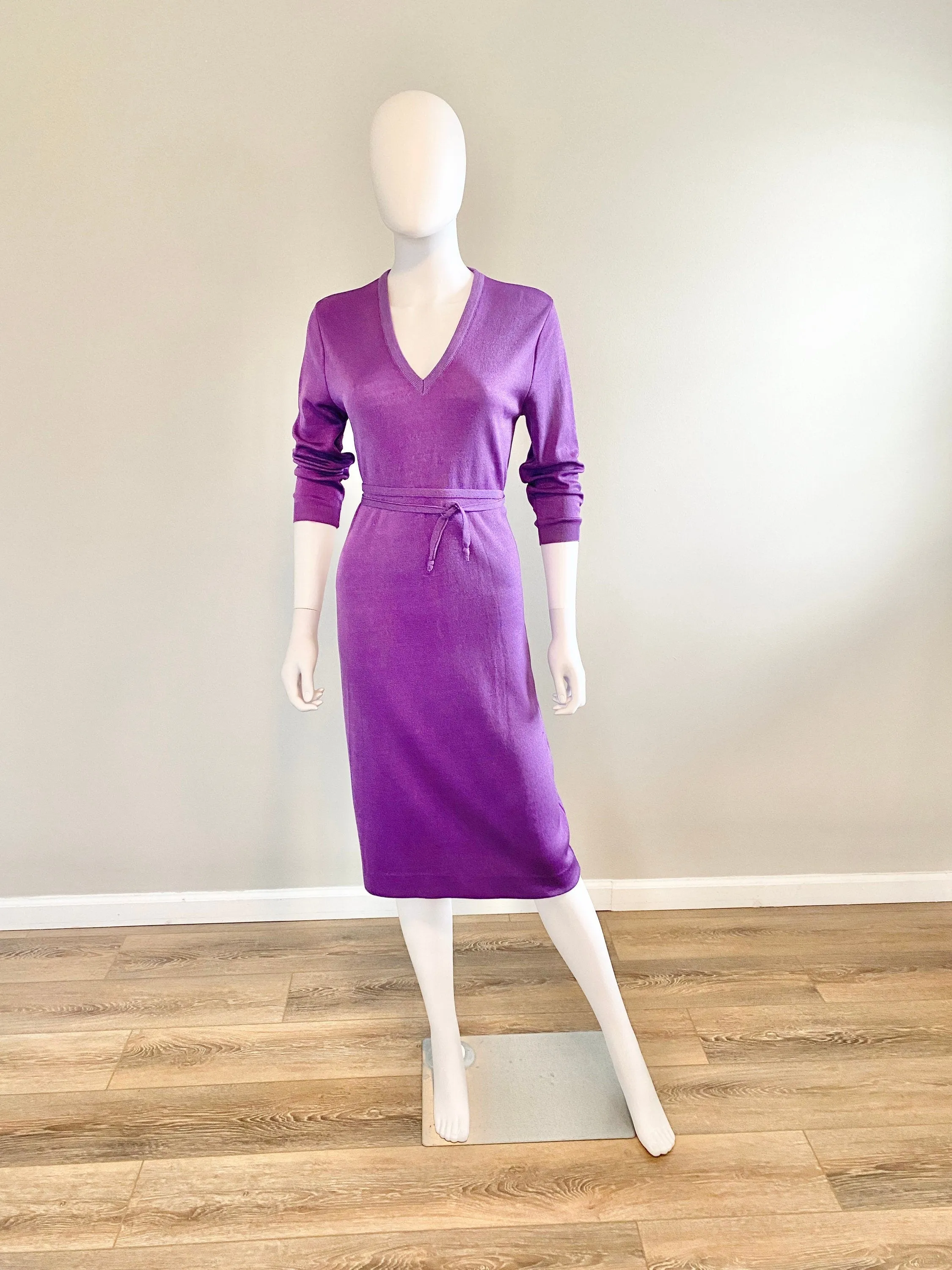 Vintage 1970s Purple Lurex Sweater Dress / 70s retro long sleeve disco dress / Size S M