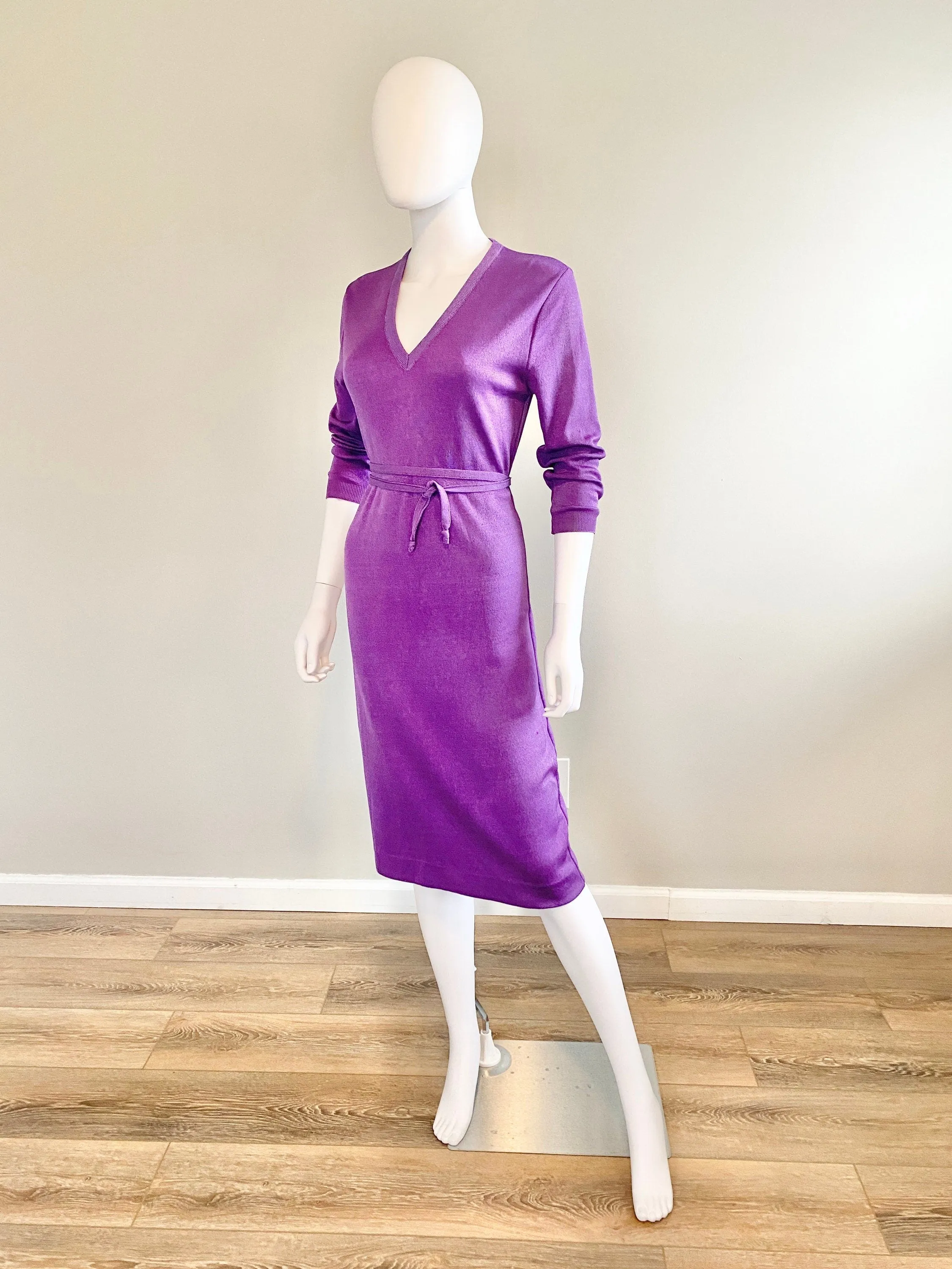 Vintage 1970s Purple Lurex Sweater Dress / 70s retro long sleeve disco dress / Size S M