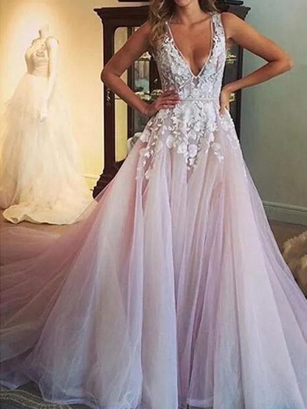 Wedding Dress 2021 Deep V Neck Sleeveless Lace Flora Floor Length Tulle Bridal Gowns