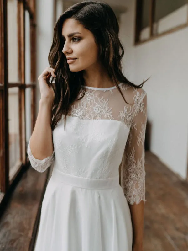 White Simple Wedding Dress Lace Jewel Neck Half Sleeves Backless A-Line Lace Chiffon Long Bridal Gowns