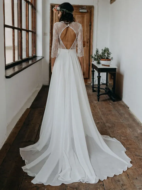 White Simple Wedding Dress Lace Jewel Neck Half Sleeves Backless A-Line Lace Chiffon Long Bridal Gowns