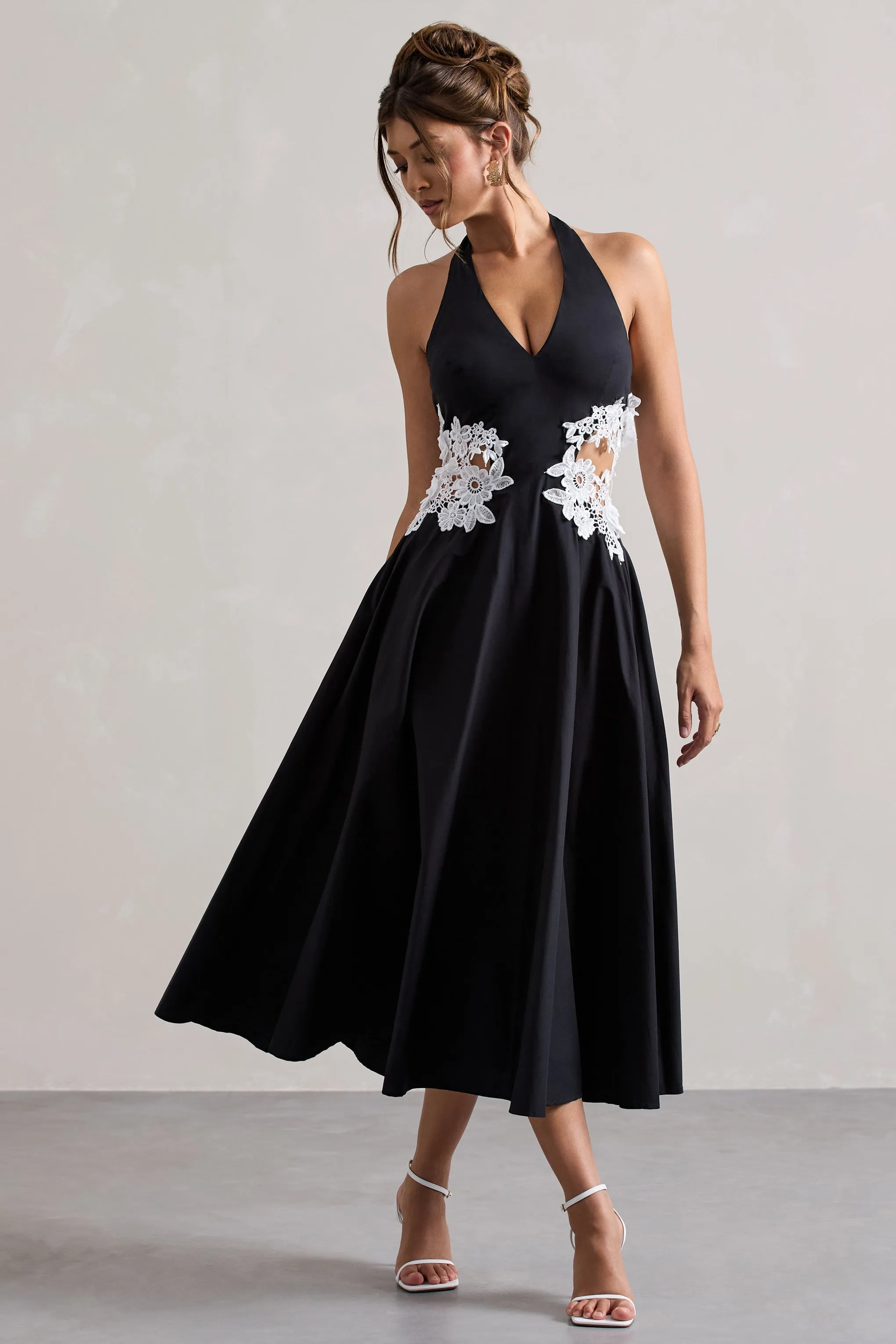 Windermere | Black Plunge Midi Dress With Floral Cut-Out