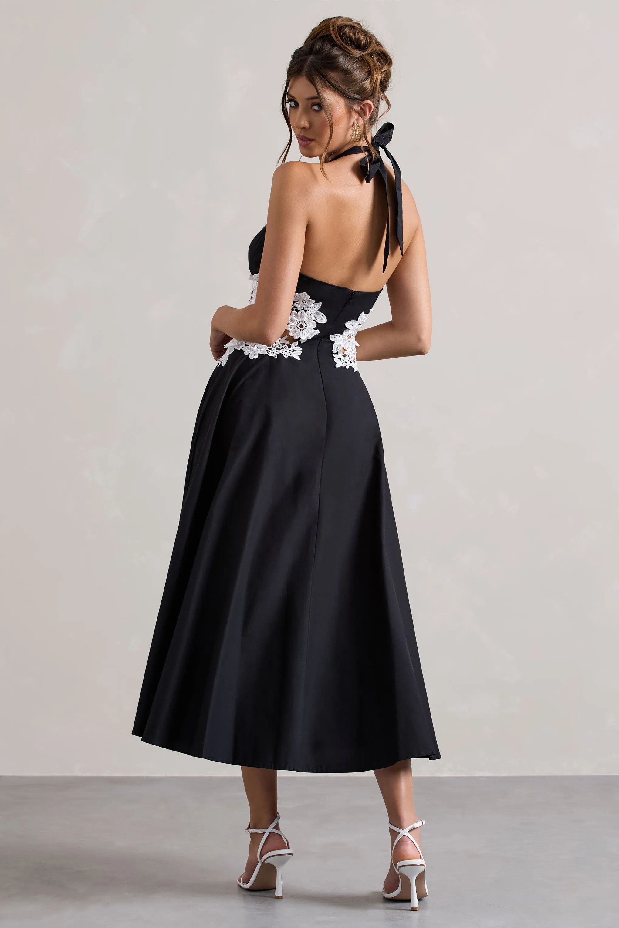 Windermere | Black Plunge Midi Dress With Floral Cut-Out