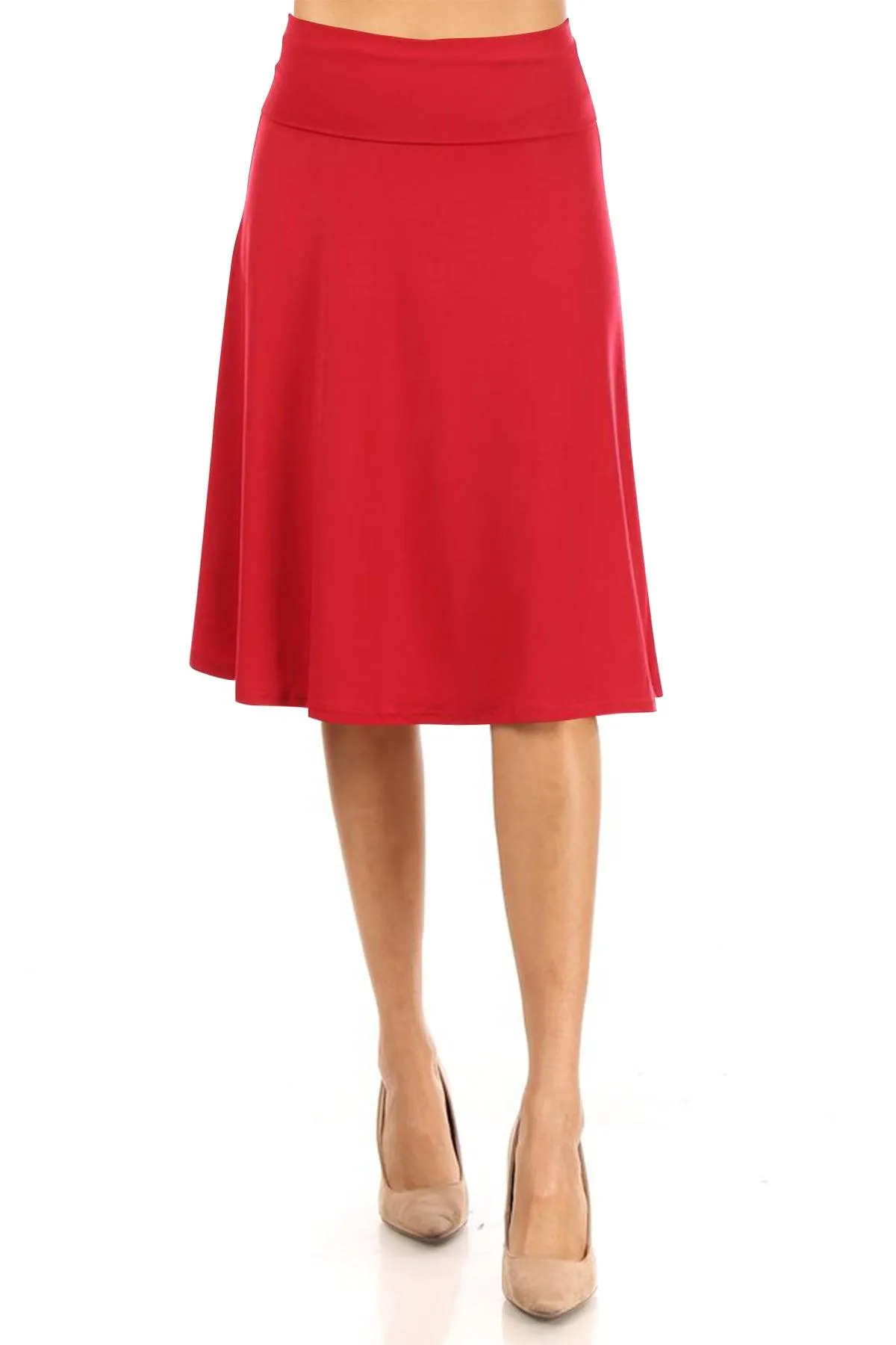 Women's Casual Stretch Basic Foldable High Waist Relaxed Fit A-Line Solid Midi Skirts