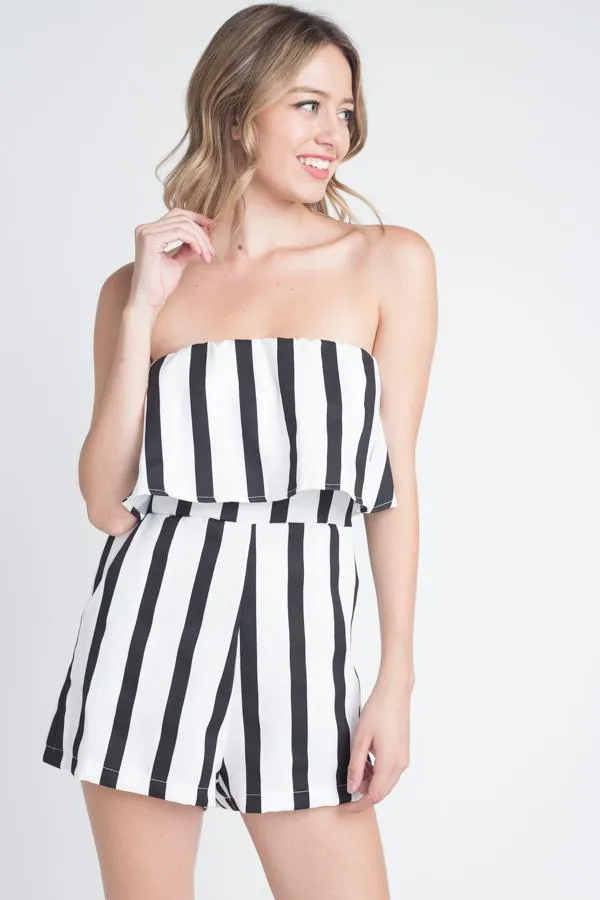 Women's Strapless Stripe Pocket Romper